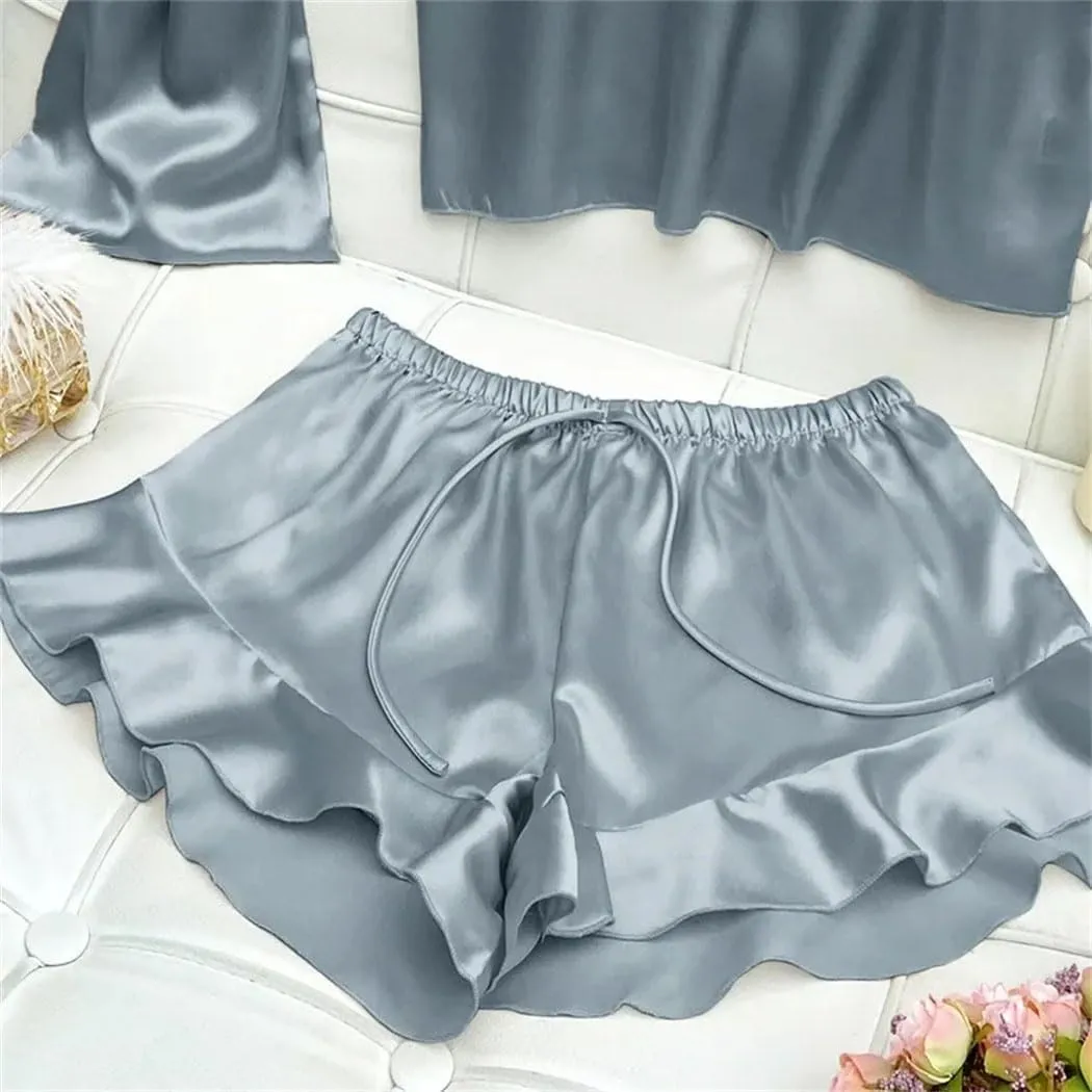 Women's Silk Satin Pajama Set - Cropped Camisole Shorts Sleepwear Nightwear Loungewear For Women