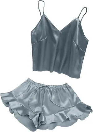 Women's Silk Satin Pajama Set - Cropped Camisole Shorts Sleepwear Nightwear Loungewear For Women