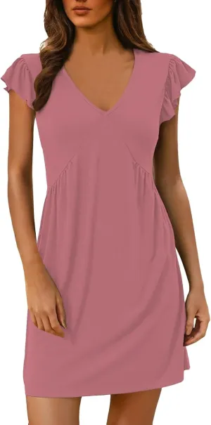 Women's Summer Dresses 2025 Beach Casual Deep V Neck Loose Sundress Ruffle Sleeve Mini Dress