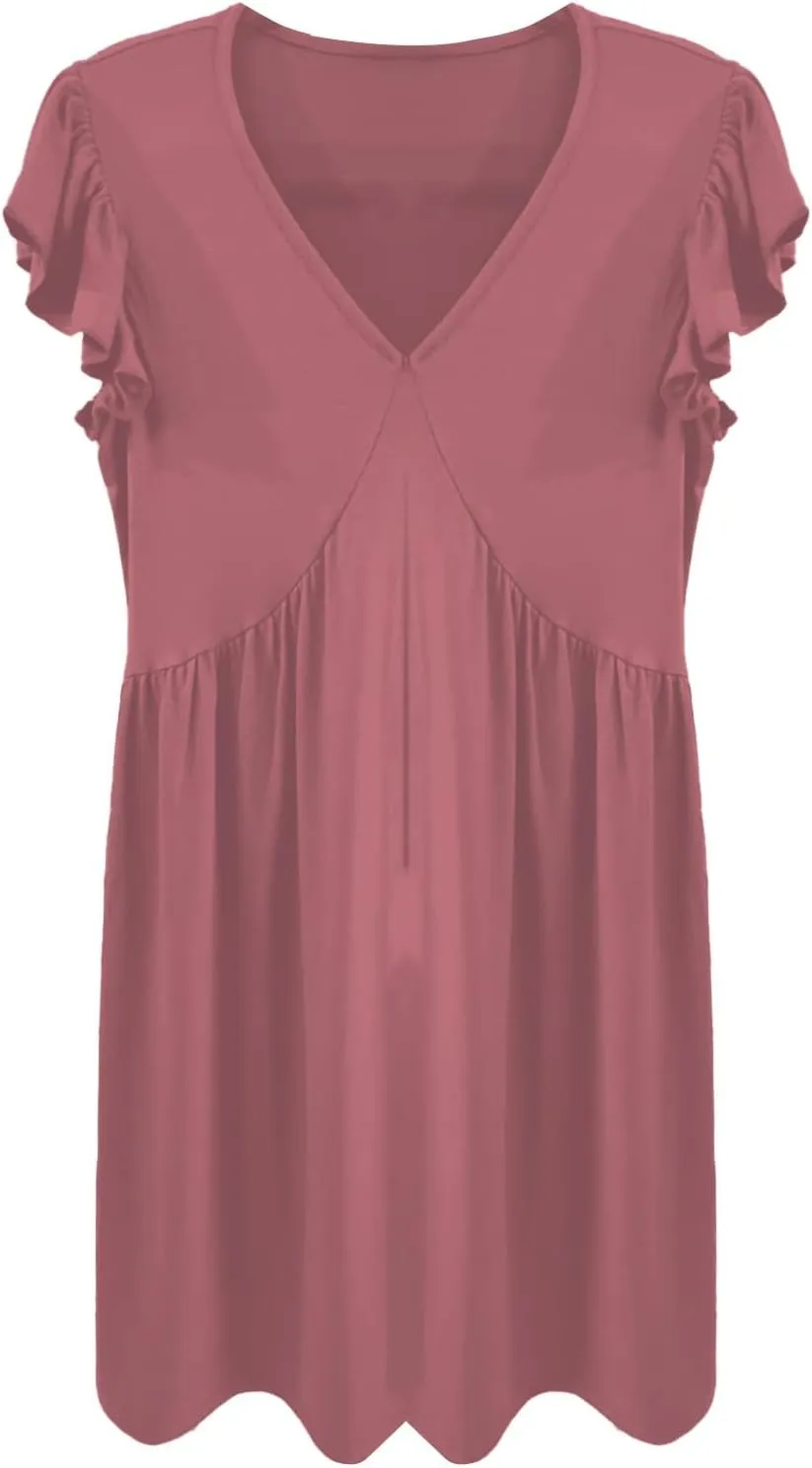 Women's Summer Dresses 2025 Beach Casual Deep V Neck Loose Sundress Ruffle Sleeve Mini Dress