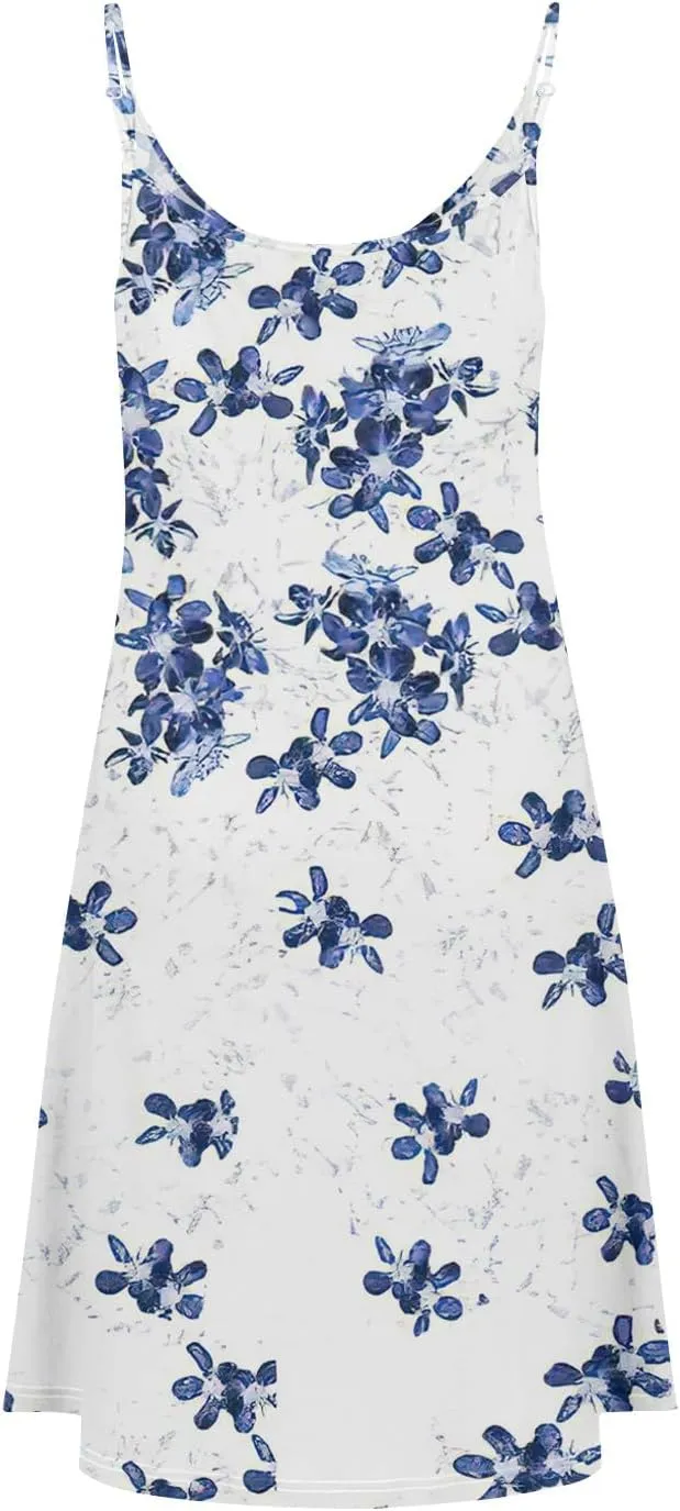 Womens Summer Dresses Beach Floral Sundresses Button Flowy Mini Dress Spaghetti Strap Casual Sleeveless a Line Dress