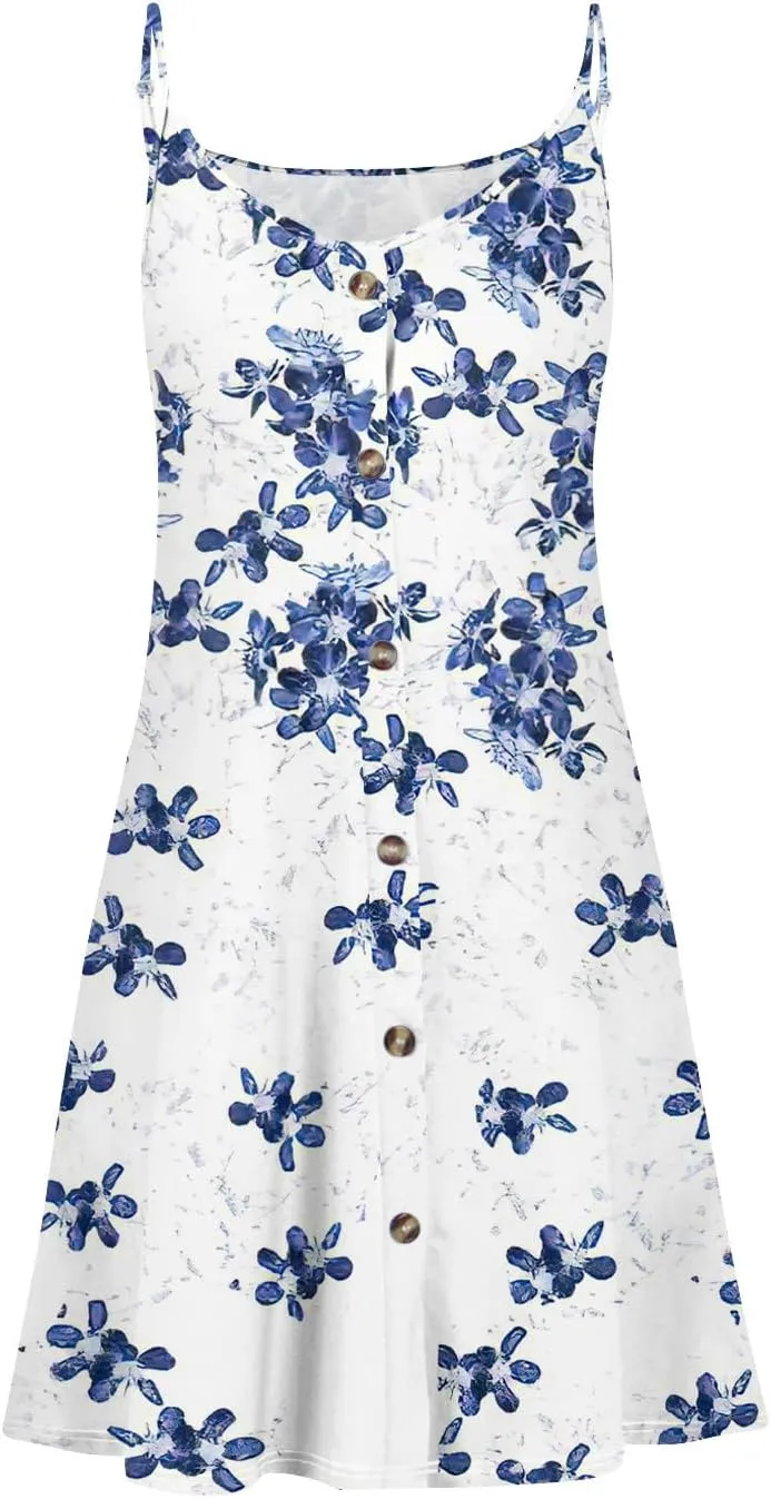 Womens Summer Dresses Beach Floral Sundresses Button Flowy Mini Dress Spaghetti Strap Casual Sleeveless a Line Dress