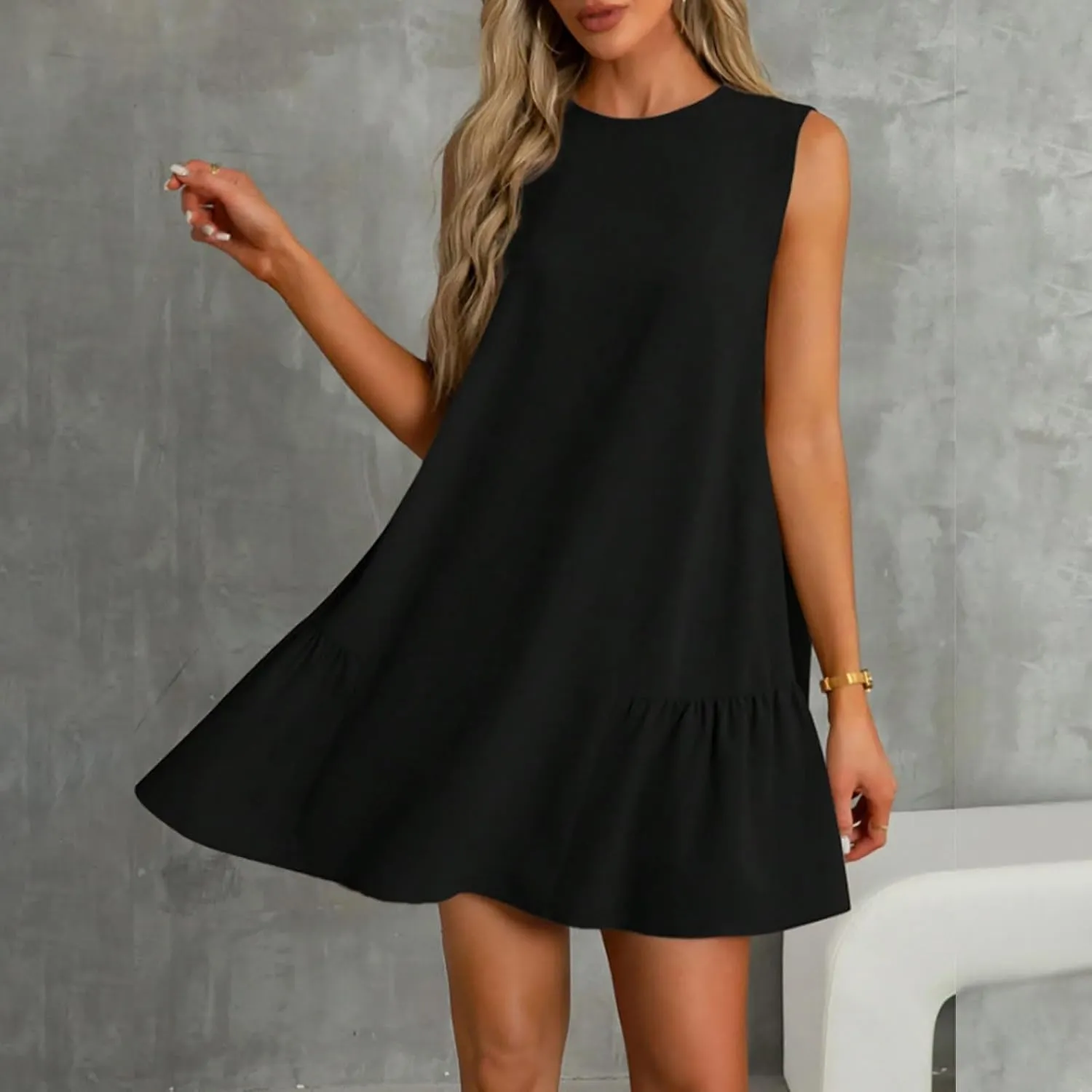 Womens Summer Dresses Casual Sleeveless Ruffle Hem Mini Dress Crewneck T Shirt Sundresses 2025 Loose Vacation Dress