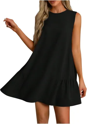 Womens Summer Dresses Casual Sleeveless Ruffle Hem Mini Dress Crewneck T Shirt Sundresses 2025 Loose Vacation Dress