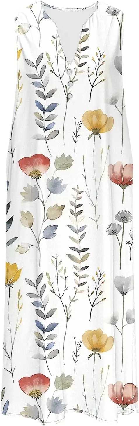 Women's Summer Floral Casual Dress Plus Size Midi Sundress Sleeveless Henley V-Neck Long Tank Dresses with Pockets