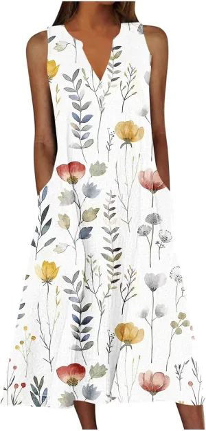 Women's Summer Floral Casual Dress Plus Size Midi Sundress Sleeveless Henley V-Neck Long Tank Dresses with Pockets