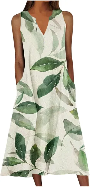 Women's Summer Floral Casual Dress Plus Size Midi Sundress Sleeveless Henley V-Neck Long Tank Dresses with Pockets