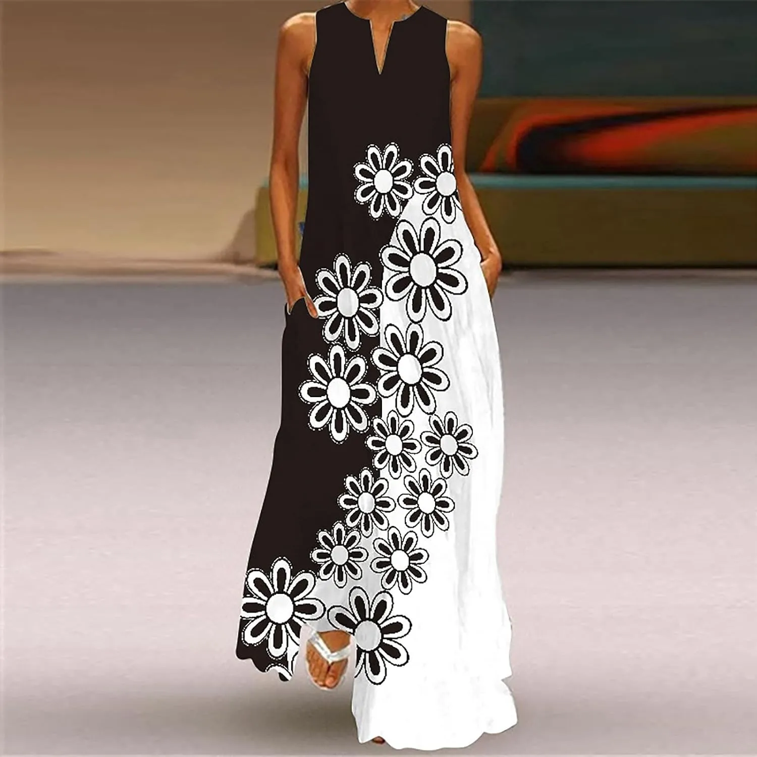 Women's Summer Maxi Dresses Casual Sleeveless Bohemian Floral Print Flowy Dress Vintage Summer Beach Long Sundresses