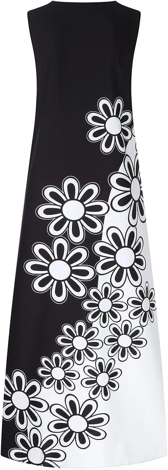 Women's Summer Maxi Dresses Casual Sleeveless Bohemian Floral Print Flowy Dress Vintage Summer Beach Long Sundresses