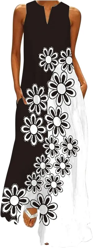 Women's Summer Maxi Dresses Casual Sleeveless Bohemian Floral Print Flowy Dress Vintage Summer Beach Long Sundresses