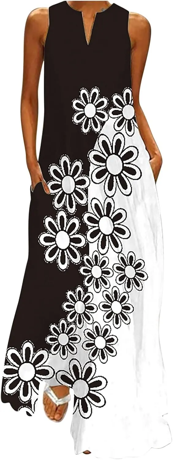Women's Summer Maxi Dresses Casual Sleeveless Bohemian Floral Print Flowy Dress Vintage Summer Beach Long Sundresses