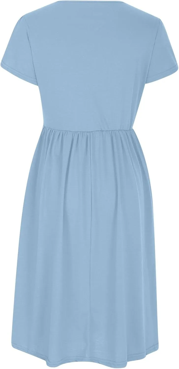 Women's Summer Short Sleeve A-Line Midi Dresses Casual Plain T-Shirt Dress Trendy Flowy Beach Sundress with Pockets
