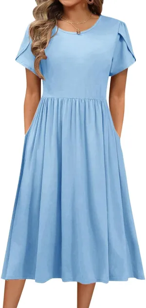 Women's Summer Short Sleeve A-Line Midi Dresses Casual Plain T-Shirt Dress Trendy Flowy Beach Sundress with Pockets