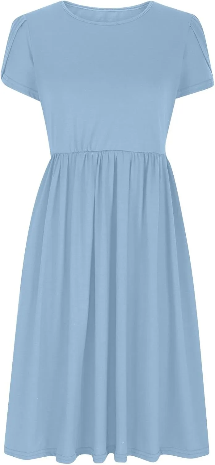 Women's Summer Short Sleeve A-Line Midi Dresses Casual Plain T-Shirt Dress Trendy Flowy Beach Sundress with Pockets