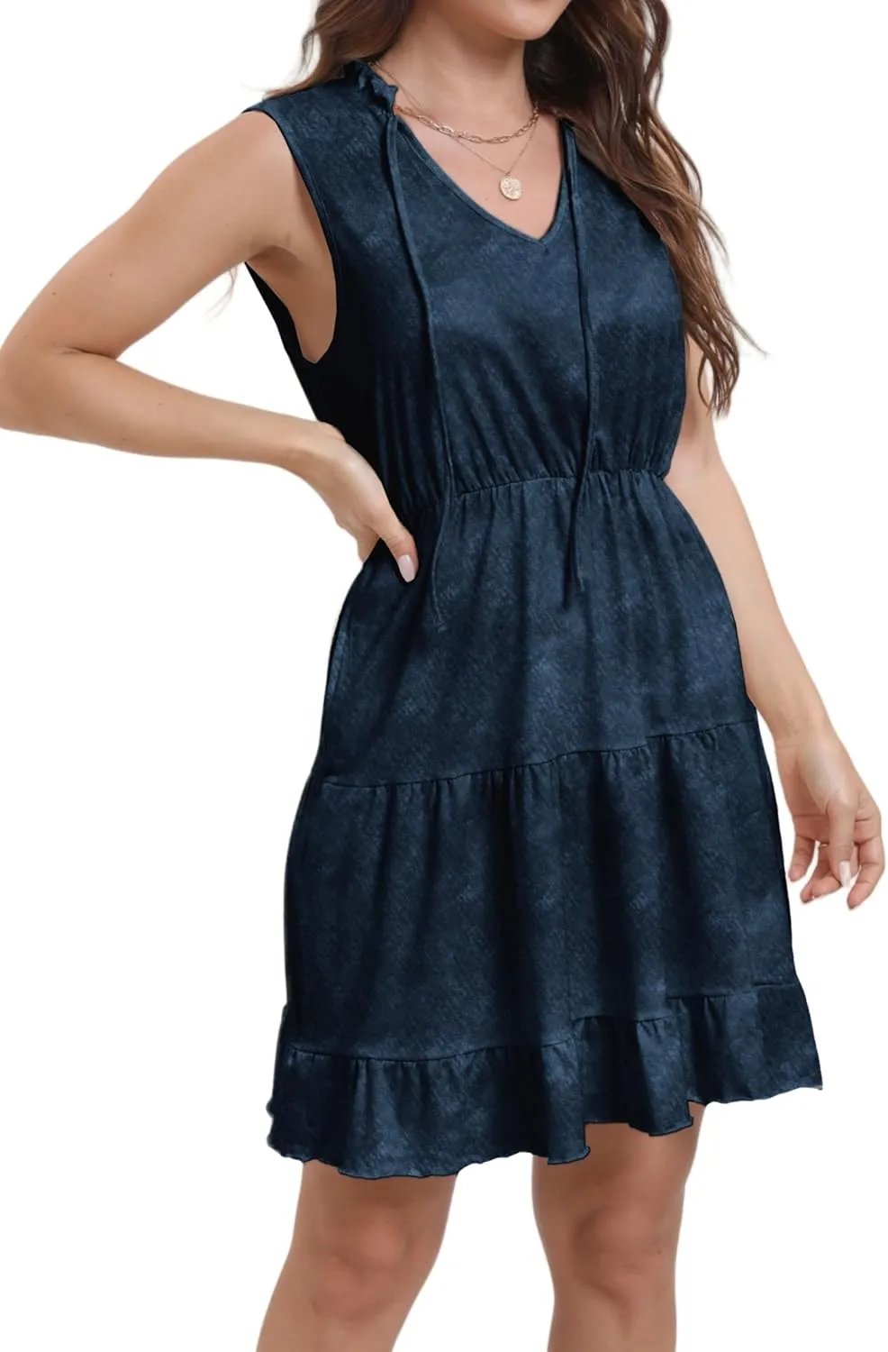 Women's Summer Sleeveless Casual Tie Dye V-Neck Tiered Tank Dress 2025 Ruffle Beach Vacation T-Shirt Mini Dress