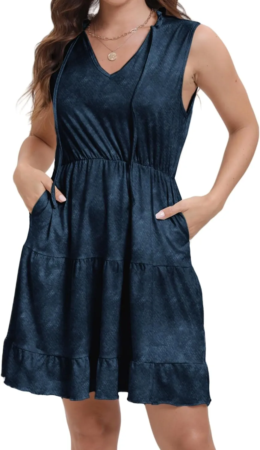 Women's Summer Sleeveless Casual Tie Dye V-Neck Tiered Tank Dress 2025 Ruffle Beach Vacation T-Shirt Mini Dress