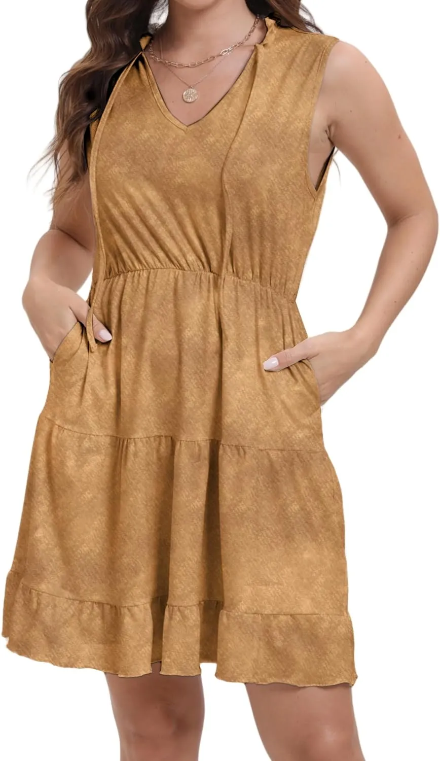 Women's Summer Sleeveless Casual Tie Dye V-Neck Tiered Tank Dress 2025 Ruffle Beach Vacation T-Shirt Mini Dress