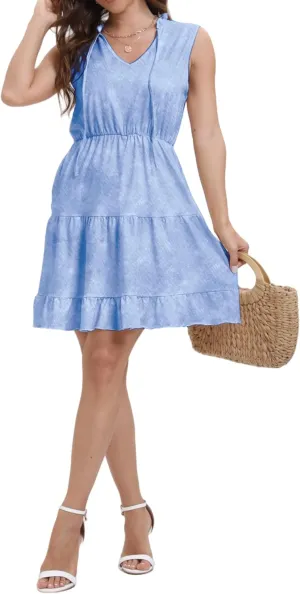 Women's Summer Sleeveless Casual Tie Dye V-Neck Tiered Tank Dress 2025 Ruffle Beach Vacation T-Shirt Mini Dress