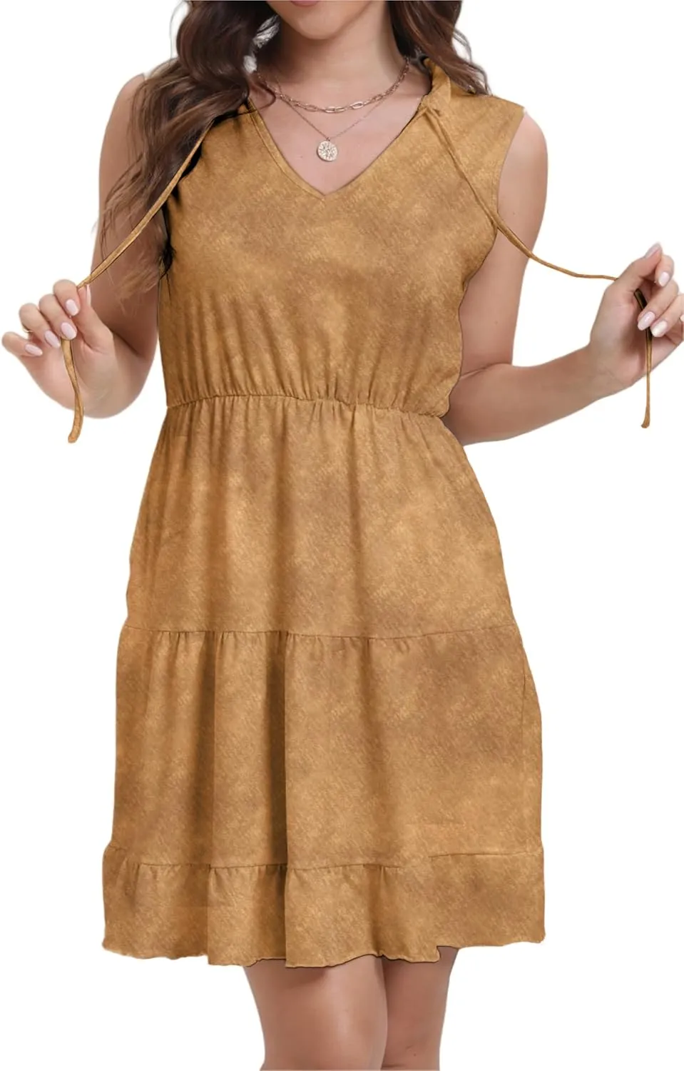 Women's Summer Sleeveless Casual Tie Dye V-Neck Tiered Tank Dress 2025 Ruffle Beach Vacation T-Shirt Mini Dress