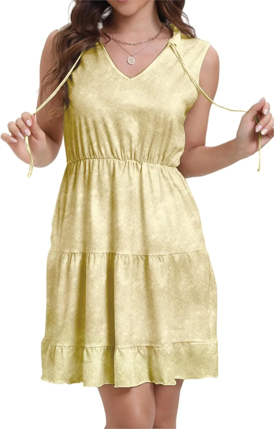 Women's Summer Sleeveless Casual Tie Dye V-Neck Tiered Tank Dress 2025 Ruffle Beach Vacation T-Shirt Mini Dress