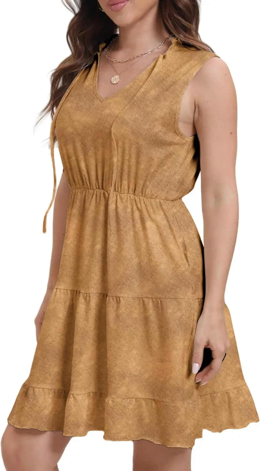 Women's Summer Sleeveless Casual Tie Dye V-Neck Tiered Tank Dress 2025 Ruffle Beach Vacation T-Shirt Mini Dress