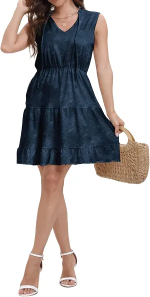 Women's Summer Sleeveless Casual Tie Dye V-Neck Tiered Tank Dress 2025 Ruffle Beach Vacation T-Shirt Mini Dress