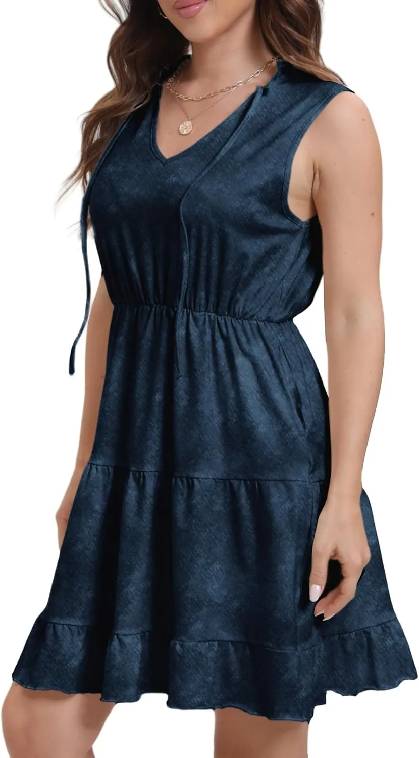 Women's Summer Sleeveless Casual Tie Dye V-Neck Tiered Tank Dress 2025 Ruffle Beach Vacation T-Shirt Mini Dress