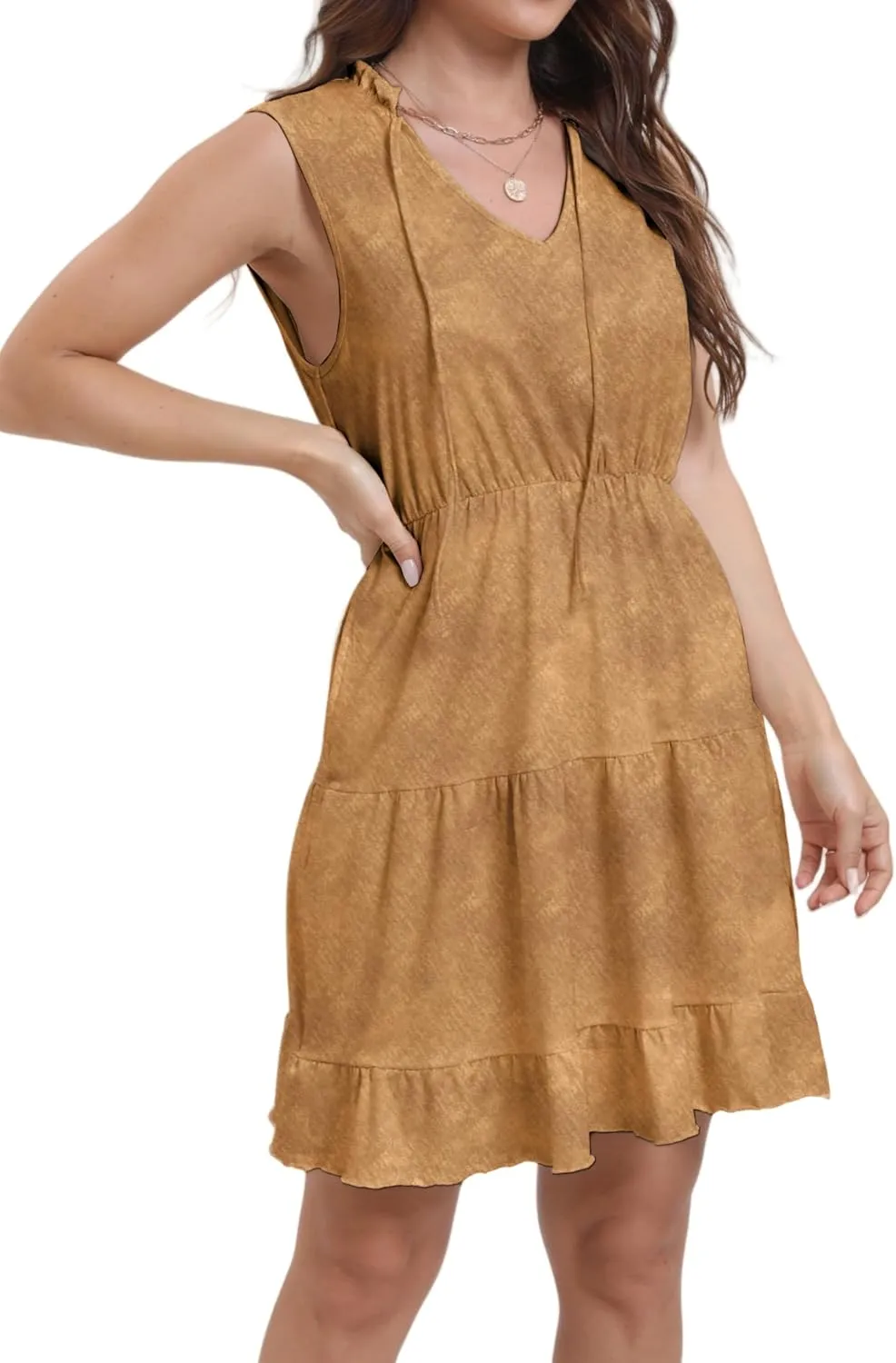 Women's Summer Sleeveless Casual Tie Dye V-Neck Tiered Tank Dress 2025 Ruffle Beach Vacation T-Shirt Mini Dress