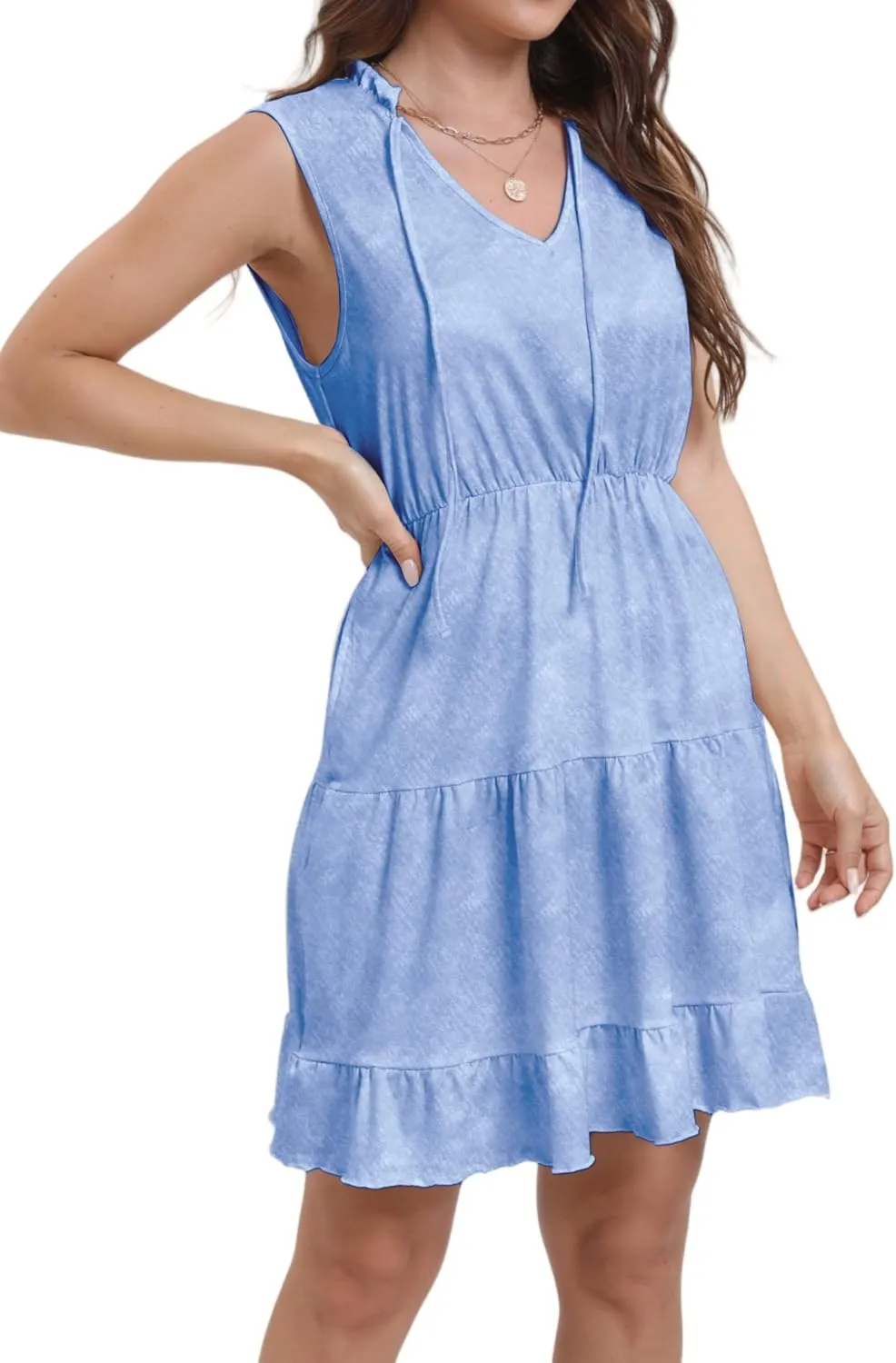 Women's Summer Sleeveless Casual Tie Dye V-Neck Tiered Tank Dress 2025 Ruffle Beach Vacation T-Shirt Mini Dress
