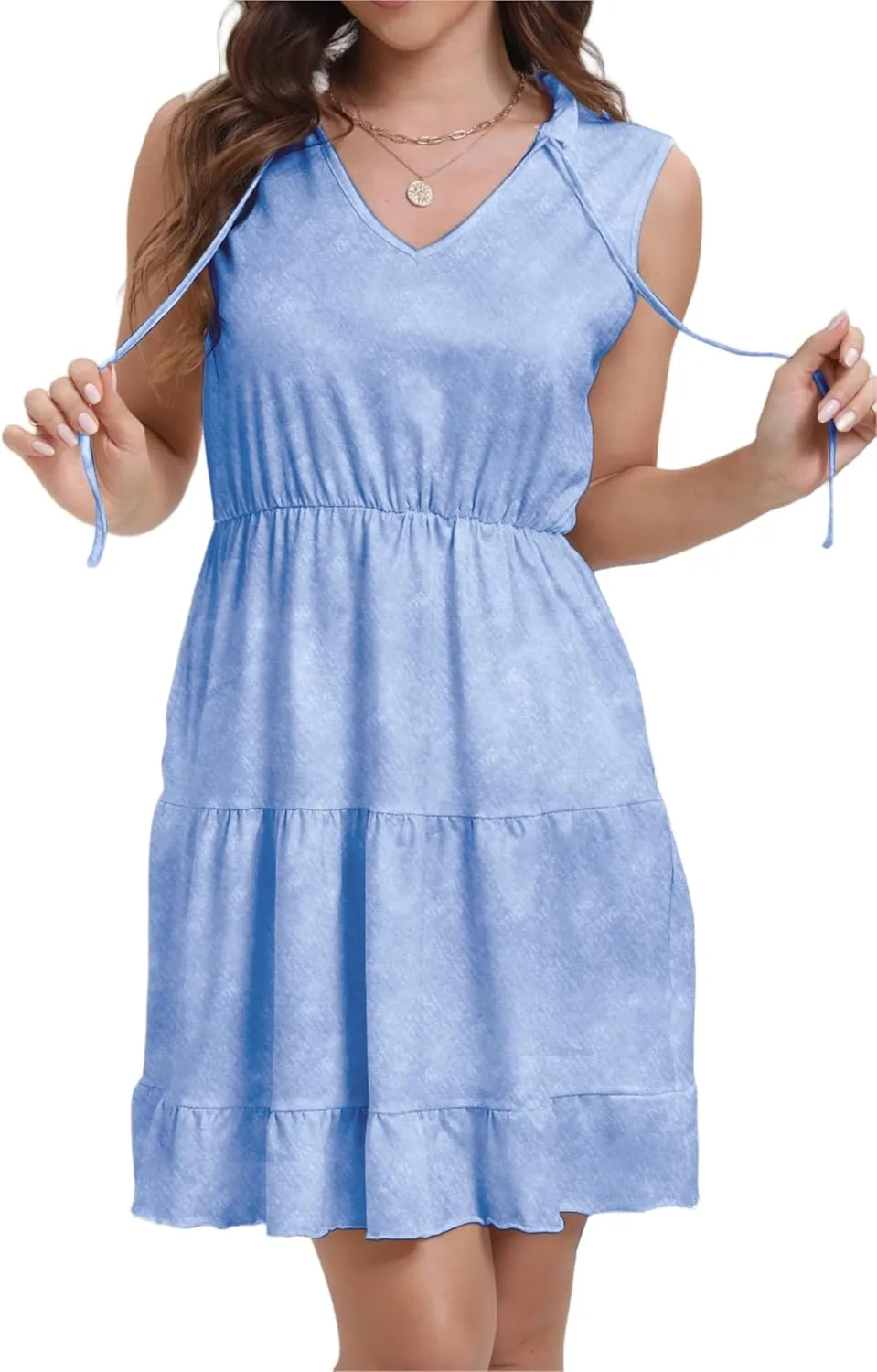 Women's Summer Sleeveless Casual Tie Dye V-Neck Tiered Tank Dress 2025 Ruffle Beach Vacation T-Shirt Mini Dress