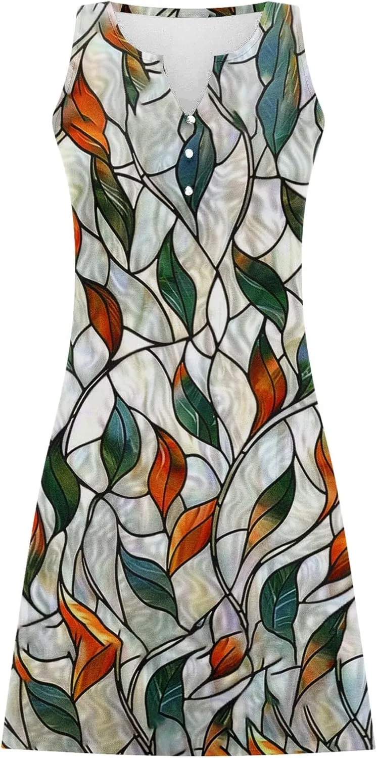 Womens Summer Tank Dress 2025 Casual Button Down V Neck Sleeveless Beach Boho Dresses A-Line Flowy Sundress
