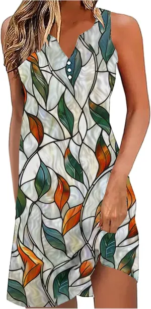 Womens Summer Tank Dress 2025 Casual Button Down V Neck Sleeveless Beach Boho Dresses A-Line Flowy Sundress