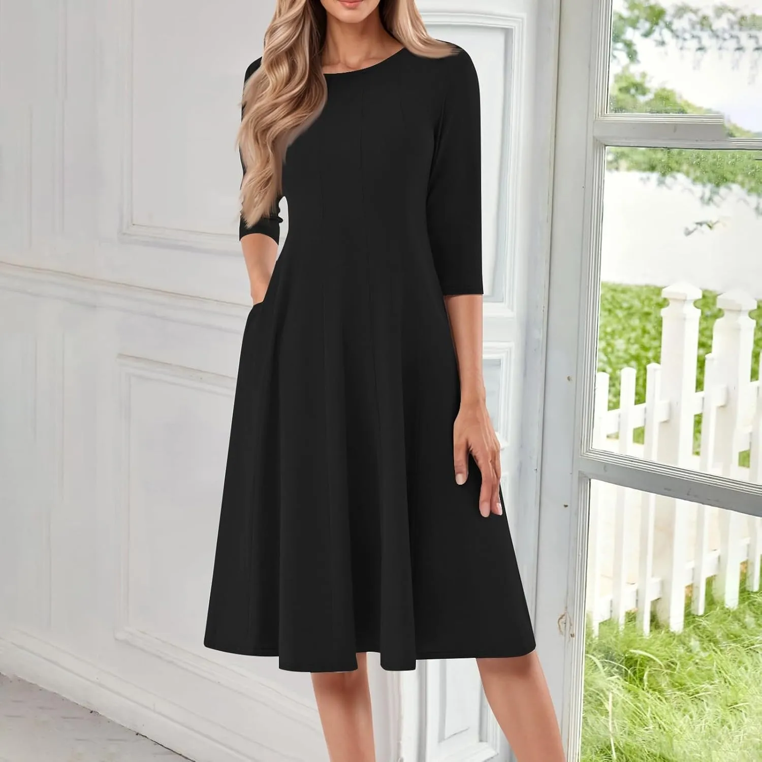 Women's Sun Dresses 2025 Vacation Summer Casual Loose Trendy 3/4 Sleeve Solid Color Midi Dress Plus Size, S-3XL