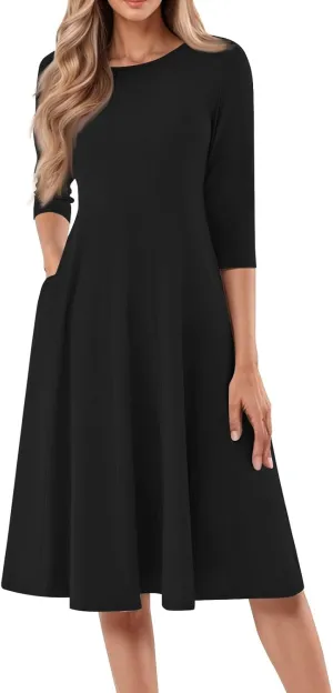 Women's Sun Dresses 2025 Vacation Summer Casual Loose Trendy 3/4 Sleeve Solid Color Midi Dress Plus Size, S-3XL