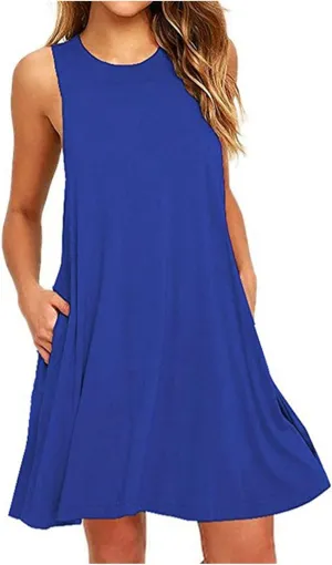 Womens Sundresses 2024 Summer Casual Sleeveless Round Neck Mini Dress with Pockets Solid Flowy Short Beach Dress