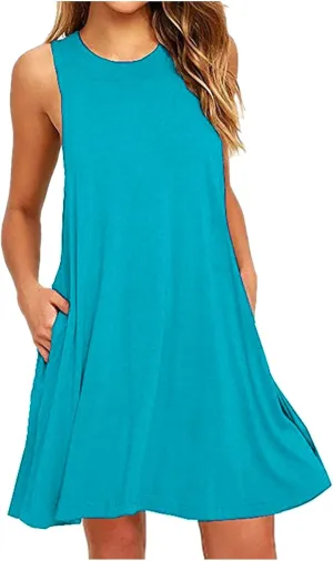 Womens Sundresses 2024 Summer Casual Sleeveless Round Neck Mini Dress with Pockets Solid Flowy Short Beach Dress