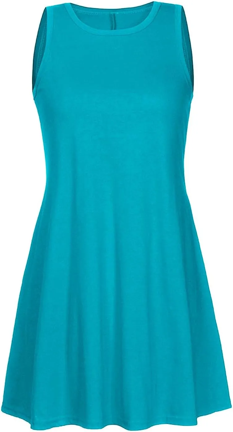 Womens Sundresses 2024 Summer Casual Sleeveless Round Neck Mini Dress with Pockets Solid Flowy Short Beach Dress