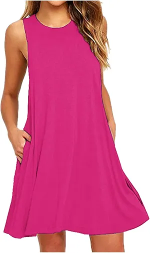 Womens Sundresses 2024 Summer Casual Sleeveless Round Neck Mini Dress with Pockets Solid Flowy Short Beach Dress