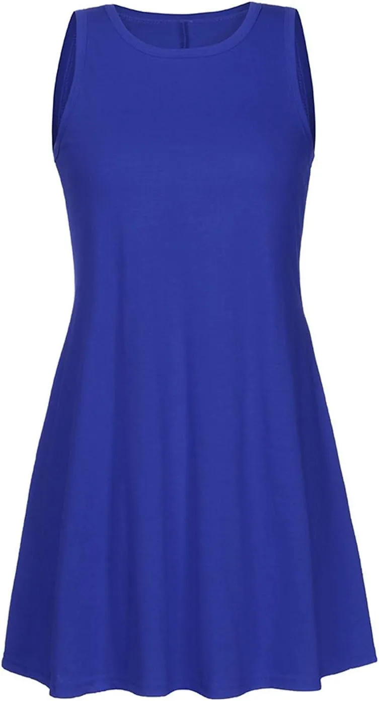 Womens Sundresses 2024 Summer Casual Sleeveless Round Neck Mini Dress with Pockets Solid Flowy Short Beach Dress