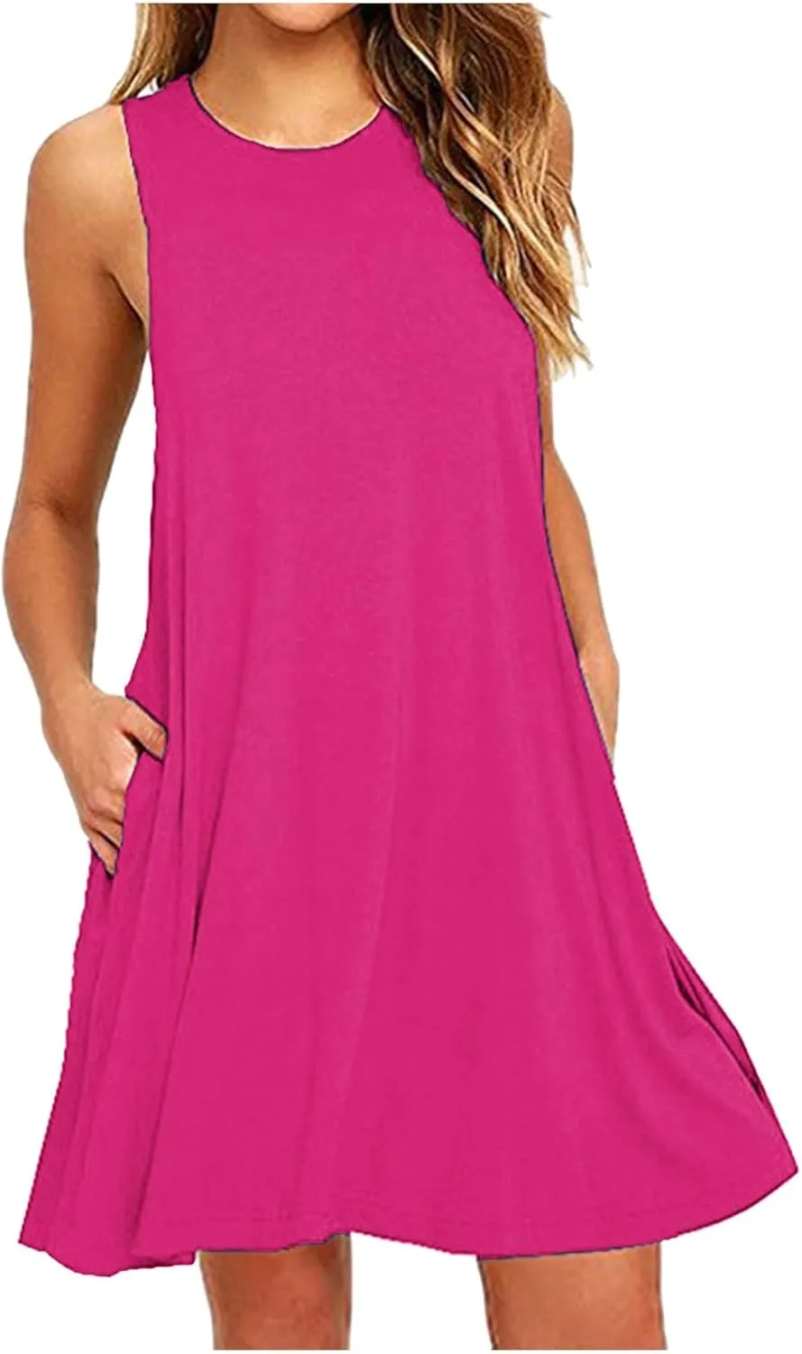 Womens Sundresses 2024 Summer Casual Sleeveless Round Neck Mini Dress with Pockets Solid Flowy Short Beach Dress