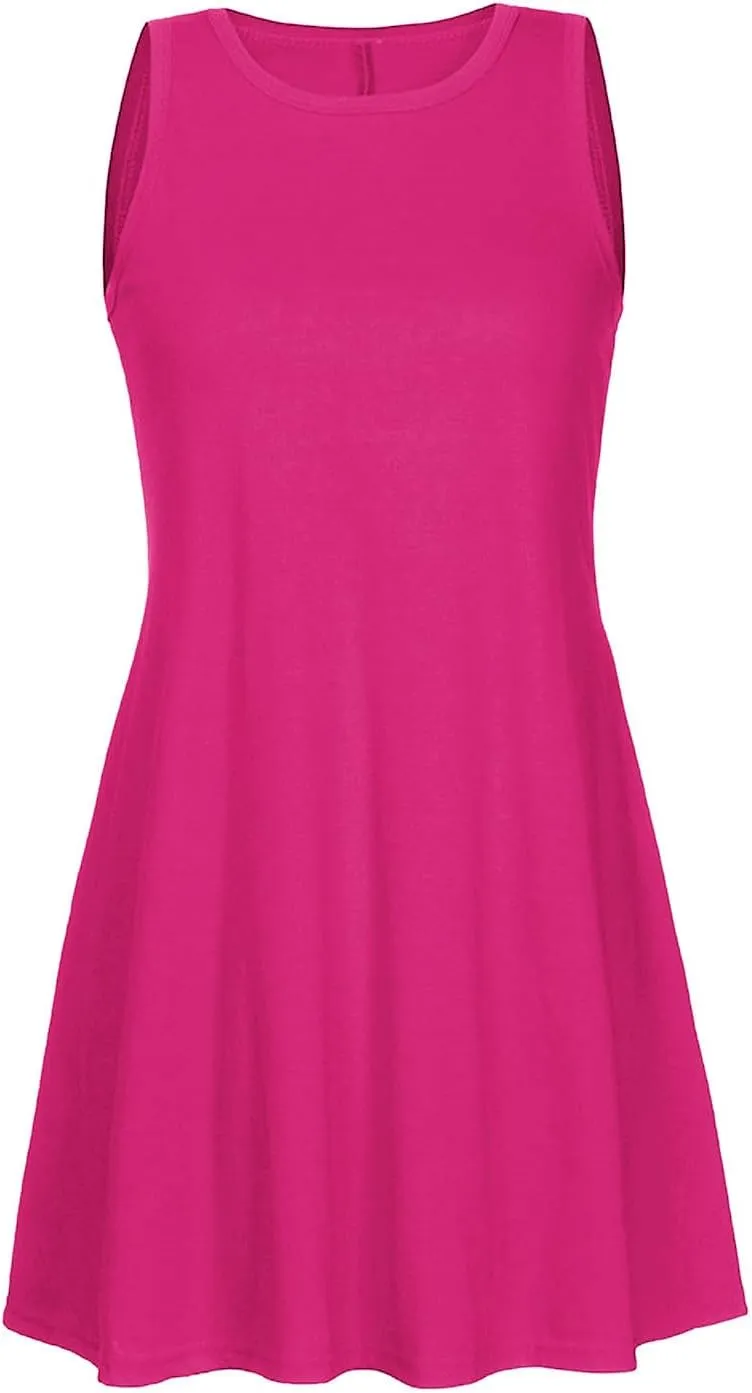 Womens Sundresses 2024 Summer Casual Sleeveless Round Neck Mini Dress with Pockets Solid Flowy Short Beach Dress