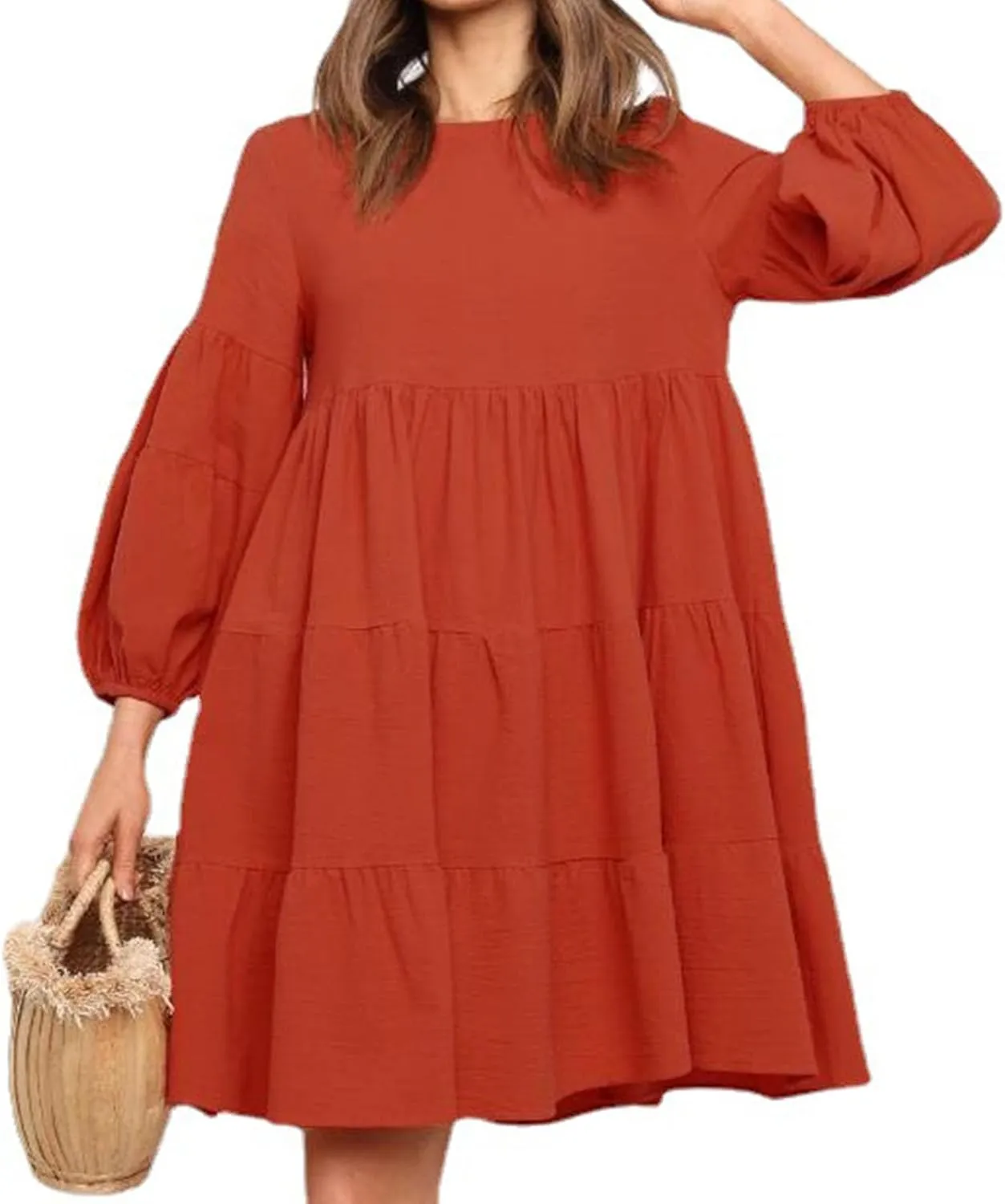 Womens Tiered Ruffle Mini Dresses Lantern Long Sleeve Crewneck A-Line Dress Casual Loose Fit Babydoll Swing Dress