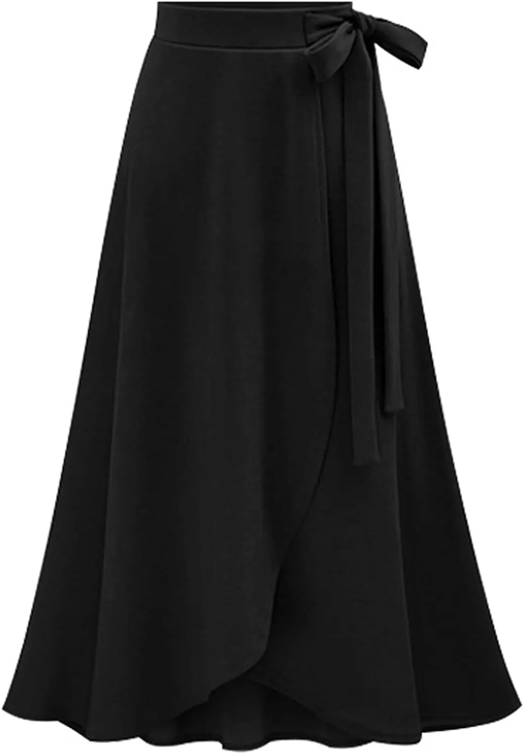 YULUOSHA Women's Casual A-Line High Waist Stretched Bow Tie Pleated Swing Long Flared Midi Maxi Skirt Black