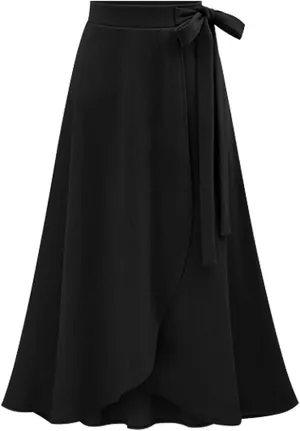 YULUOSHA Women's Casual A-Line High Waist Stretched Bow Tie Pleated Swing Long Flared Midi Maxi Skirt Black