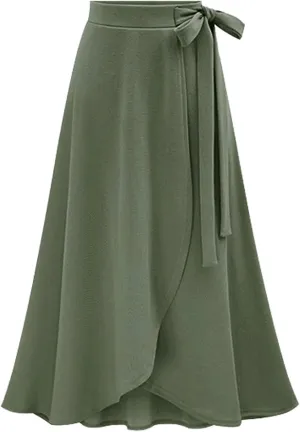 YULUOSHA Women's Casual A-Line High Waist Stretched Bow Tie Pleated Swing Long Flared Midi Maxi Skirt