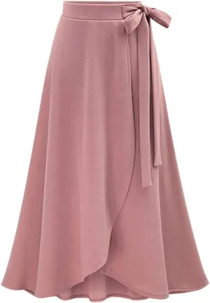YULUOSHA Women's Casual A-Line High Waist Stretched Bow Tie Pleated Swing Long Flared Midi Maxi Skirt